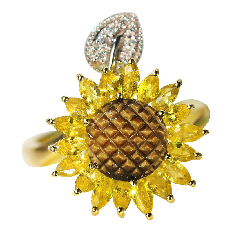 宝石矿工向日葵系列18k黄金太阳花钻石戒指女戒手饰