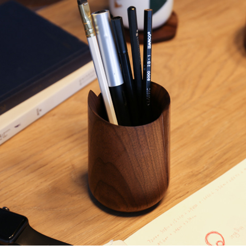 错位笔筒胡桃原木笔插笔罐简约创意带毛毡垫笔筒