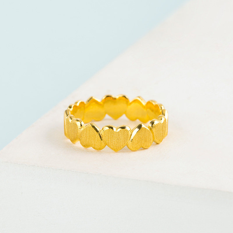 黄金戒指女素圈心形印印相契实心结婚新款时尚个性宽999足金纯金