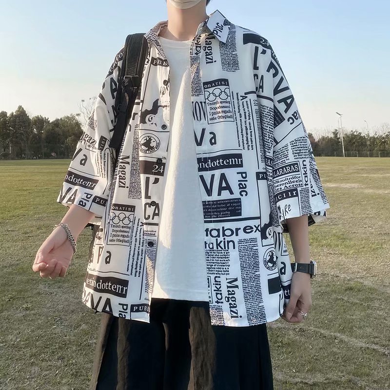 港风长袖衬衫男ins潮流百搭宽松报纸衬衣春夏潮牌韩版七分袖外套