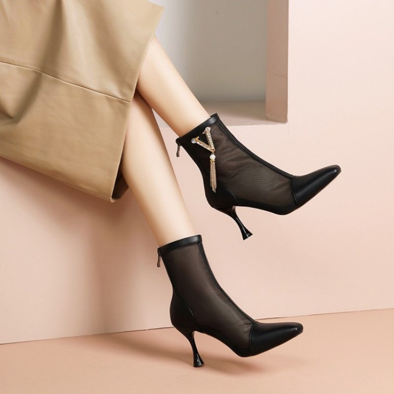 夏季女鞋镂空网靴薄款单靴凉靴米白色靴子女高跟短靴大码女靴 gxz