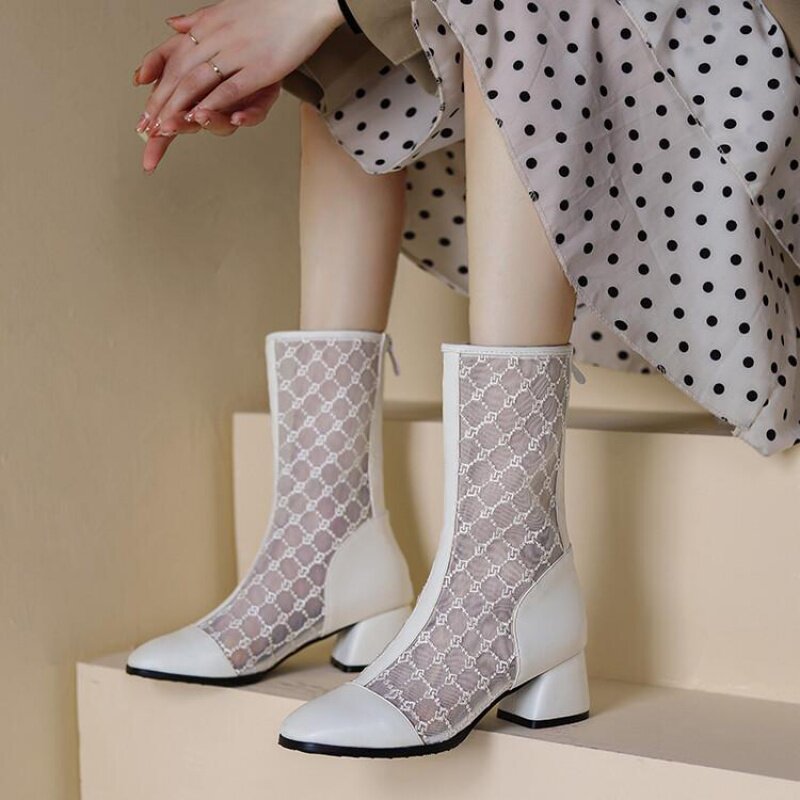 白色靴子女粗跟中跟中筒镂空网纱网靴单靴凉靴春夏靴真皮大码 mzq