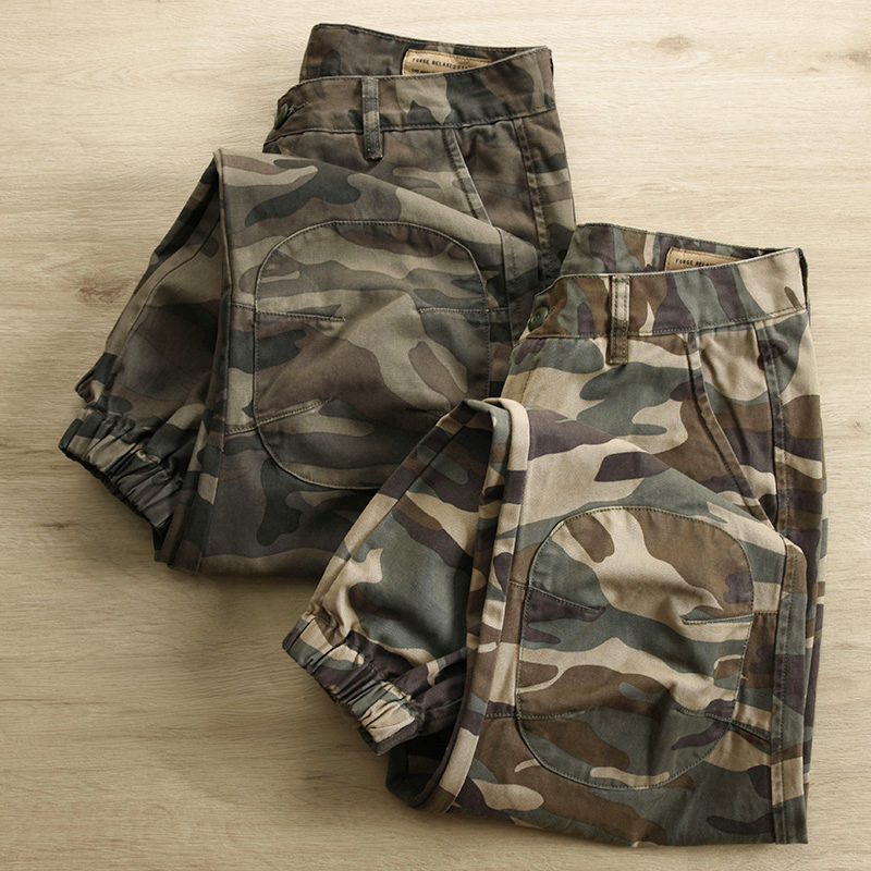 香港IT潮牌迷彩裤束脚裤男潮补丁机车美式复古立体工装小脚休闲裤