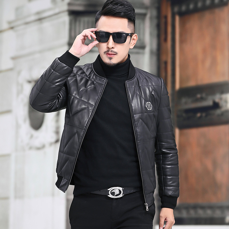 海宁秋冬新款立领绵羊真皮皮衣男士修身短款皮夹克男皮草加棉外套