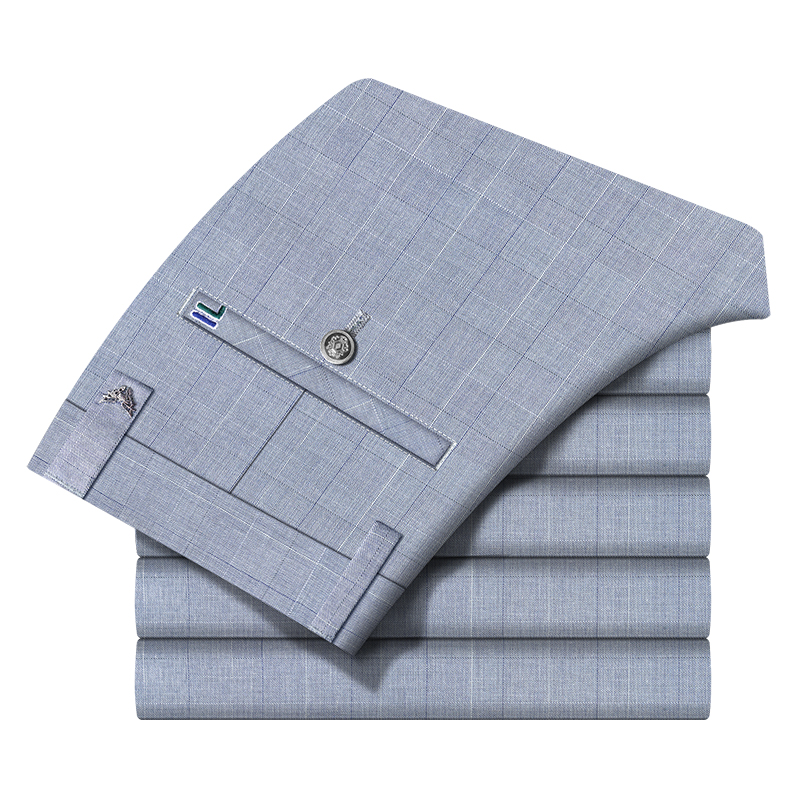 夏季薄款裤子男士浅色修身男裤亚麻格子休闲裤英伦长裤商务西裤男