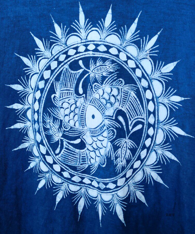 同头礼品非遗蓝染植物纯植鱼纹定制蓝靛蜡染t恤