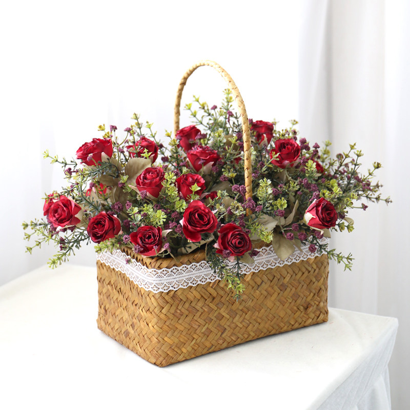 方形藤编手提花篮手工编织仿真产品摄影摄影艺术婚庆绢花