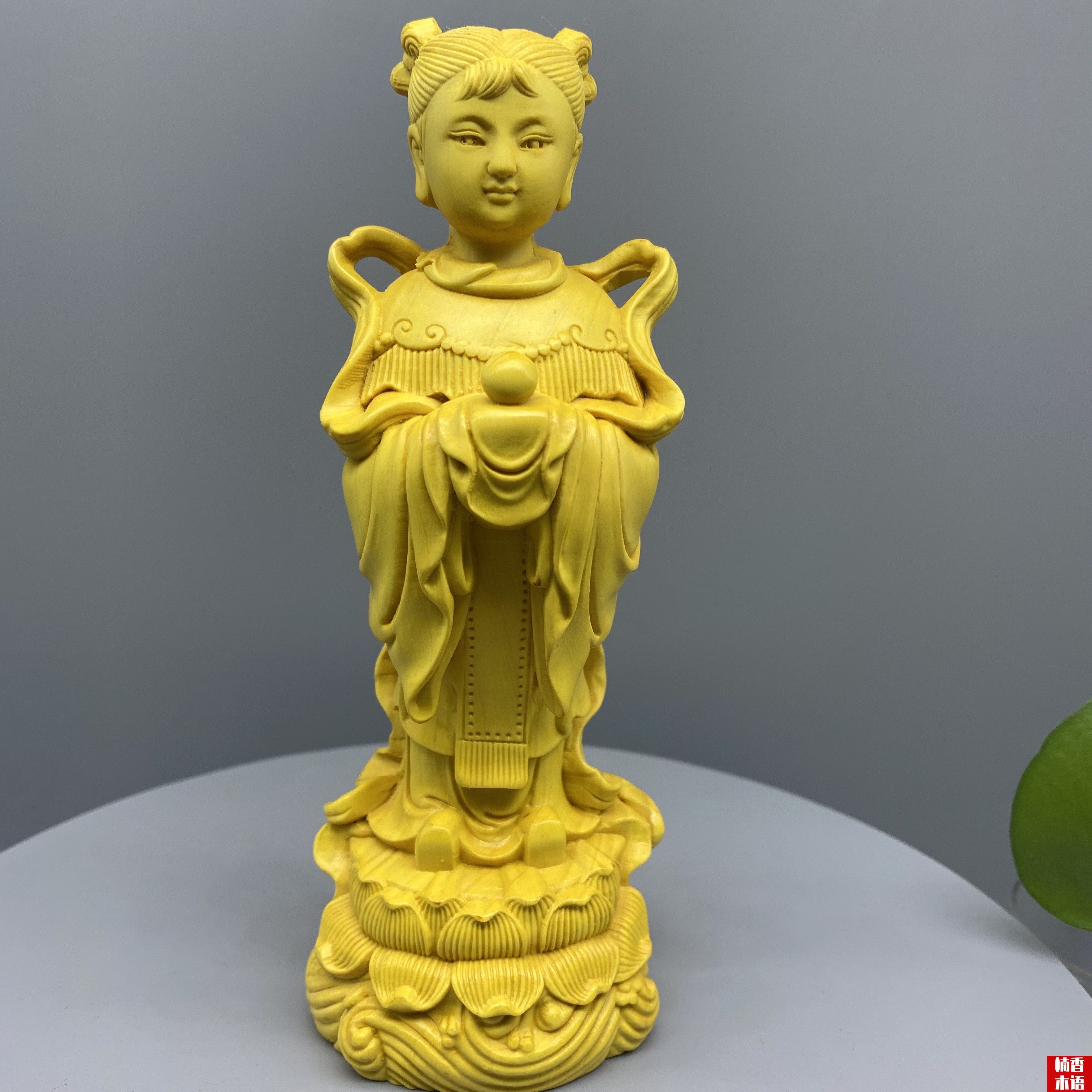 崖柏桧木黄杨木雕金童玉女家用善财童子龙女摆件摆件