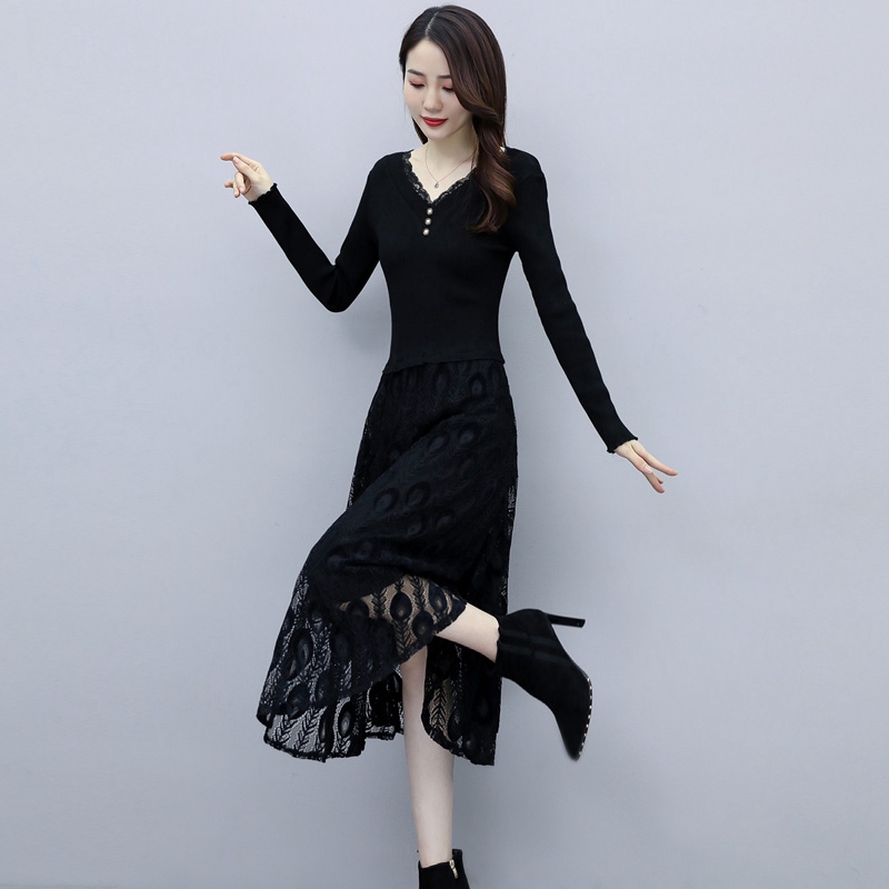 2022秋冬新款内搭蕾丝长袖v领连衣裙冬季打底针织气质洋气女裙子