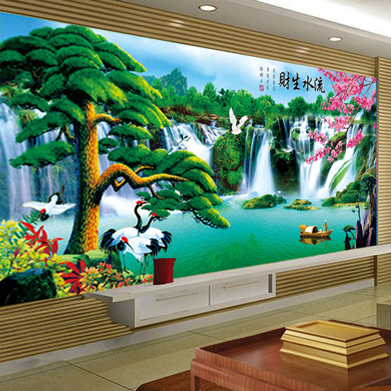 迎客松十字绣流水生财大厅新款山风景5d立体手工十字绣套件