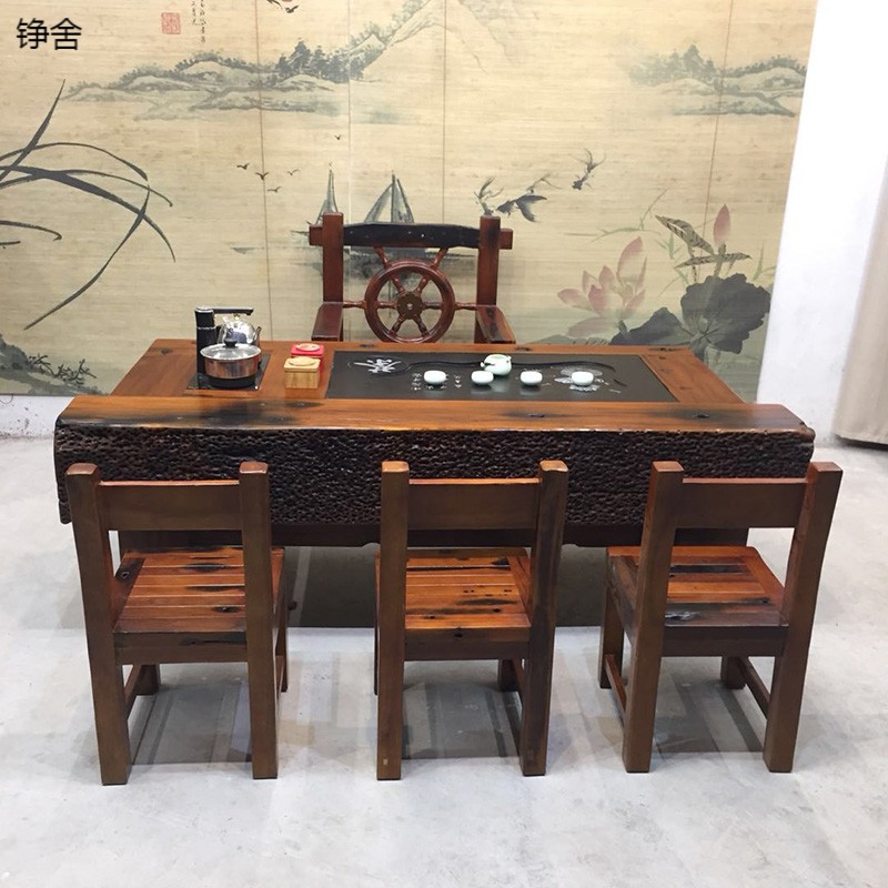 茶桌旧船木板船板茶台老船木茶桌椅组合实木茶几
