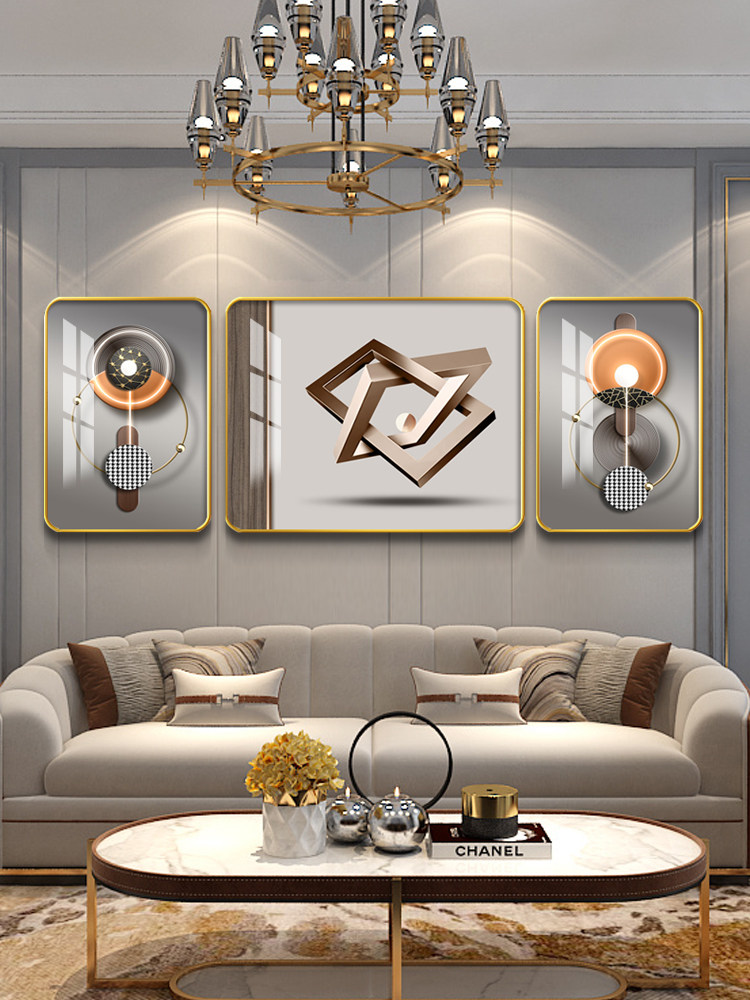 现代轻奢客厅装饰画简约北欧创意三联晶瓷壁画现代装饰画