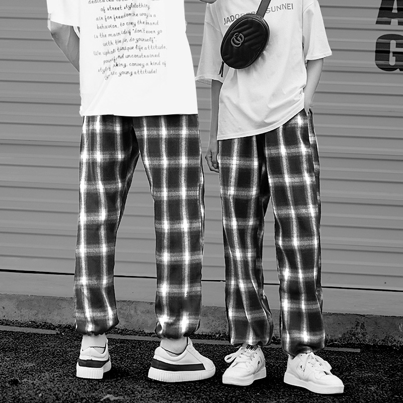 秋季新款黑白格子裤男潮流直筒宽松抽绳束脚阔腿百搭大码休闲裤子