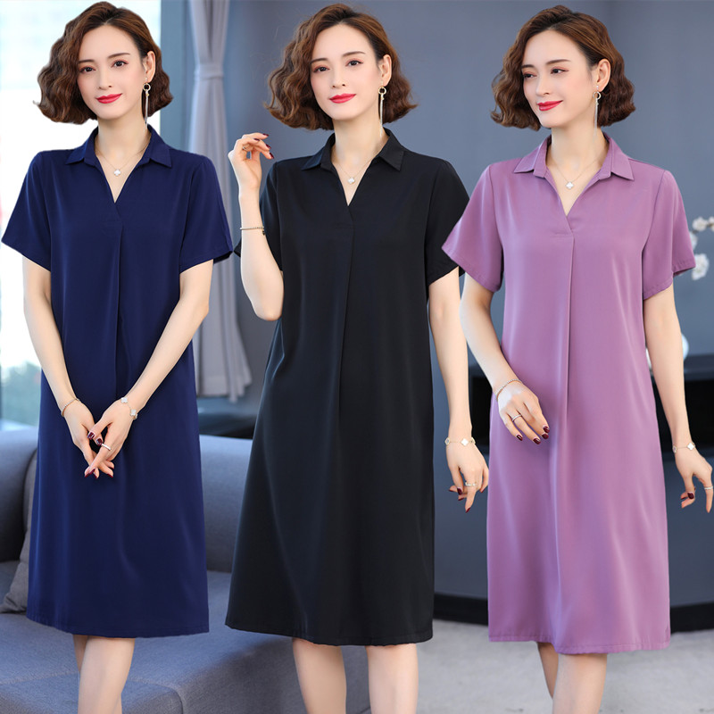 中老年洋气连衣裙2021新款短袖名媛气质宽松遮肚显瘦妈妈大码女装