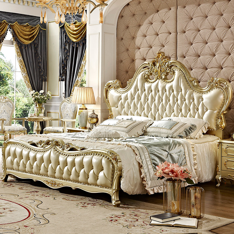 欧式真皮床双人床奢华结婚床1.8米主卧室雕花公主床法式宫廷家具