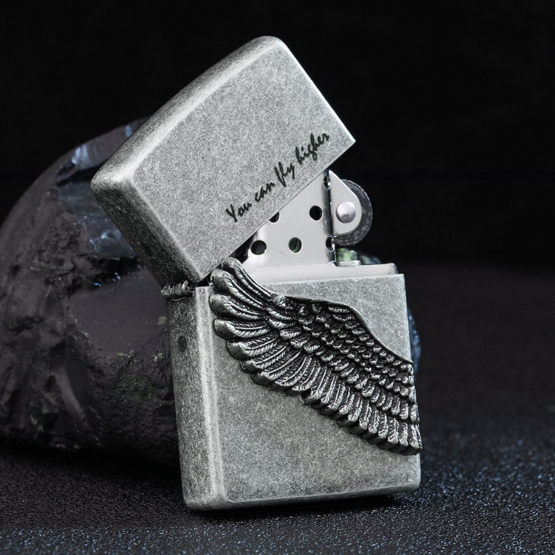 打火机zippo正品原装古银飞的更高贴章天使之翼情人节zippo