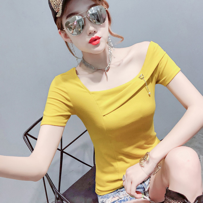 一字短袖半袖修身纯棉夏纯棉恤女肩上锁骨露肩t恤