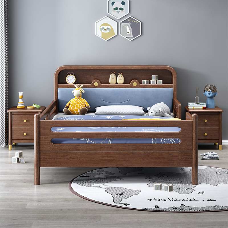 新中式实木儿童床儿童房青少年胡桃木护栏拼接加宽带led灯暖光床
