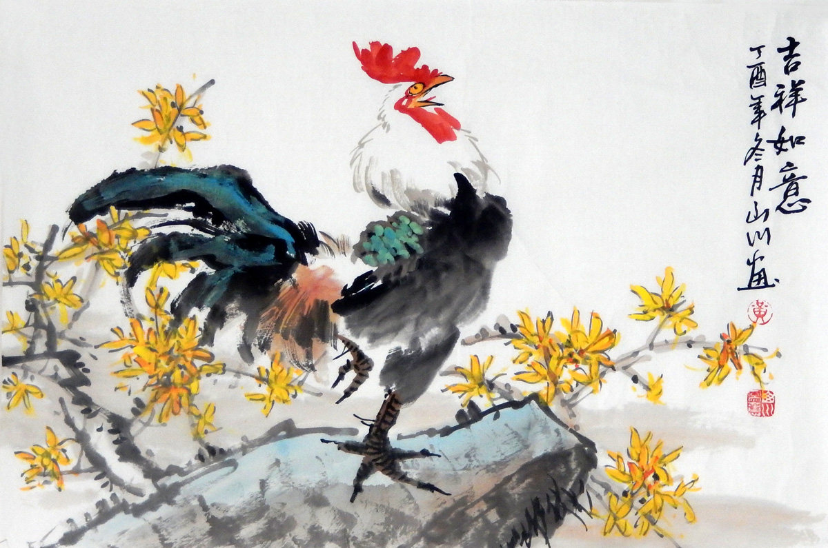 手绘真迹国画写意花鸟画横幅精品大公鸡图客餐厅国画