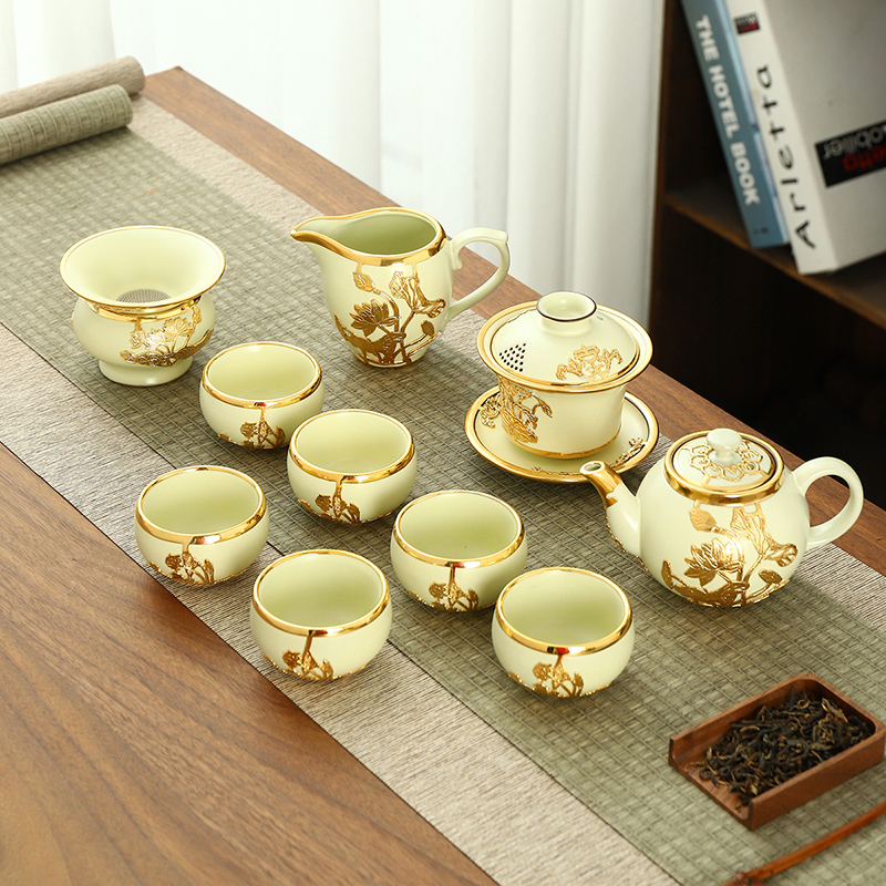 康乐品汝窑金镶玉茶具套装陶瓷高档中式家用客厅功夫茶具