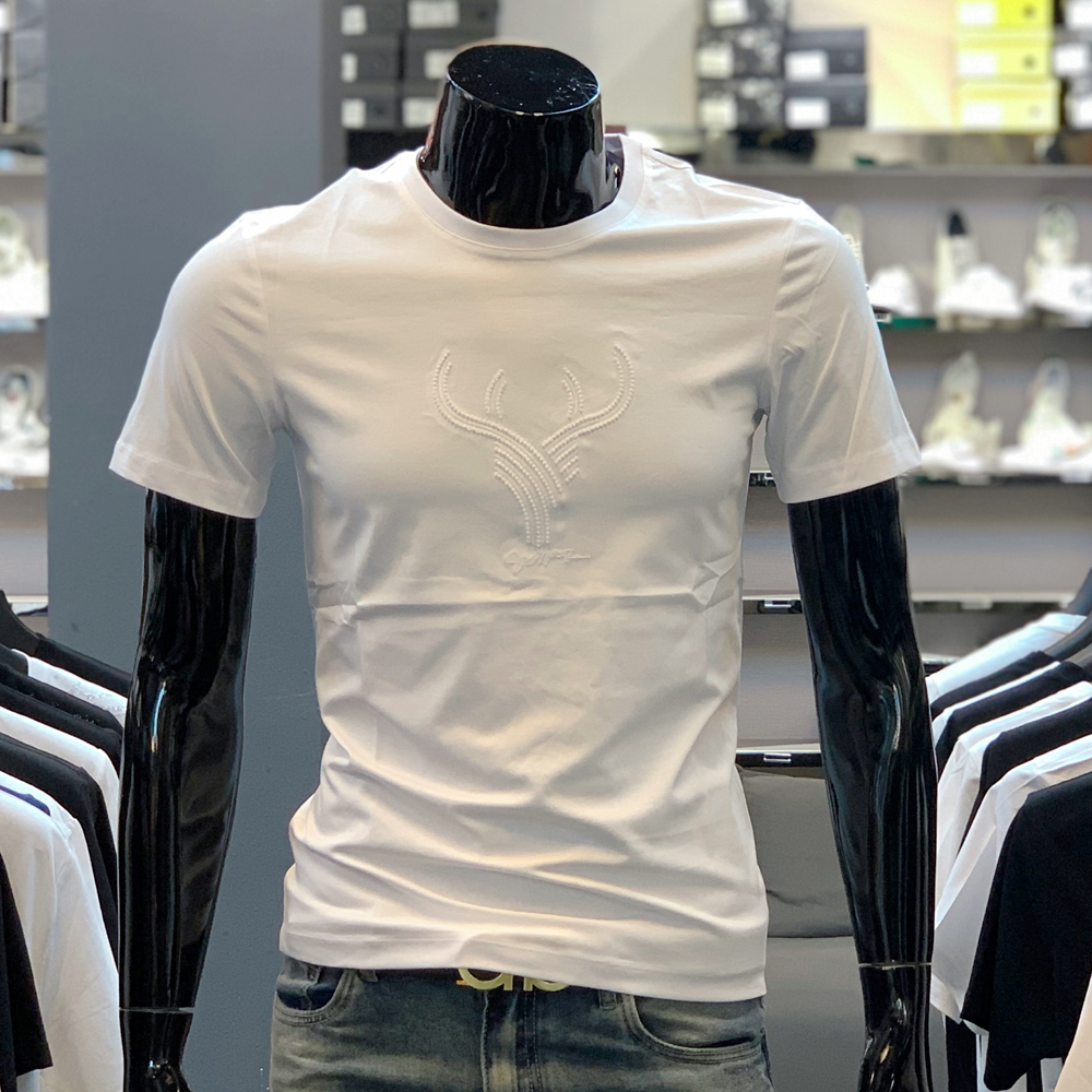 赤爵 欧洲站时尚潮搭男士刺绣亮片小鹿修身夏季圆领青年短袖T恤