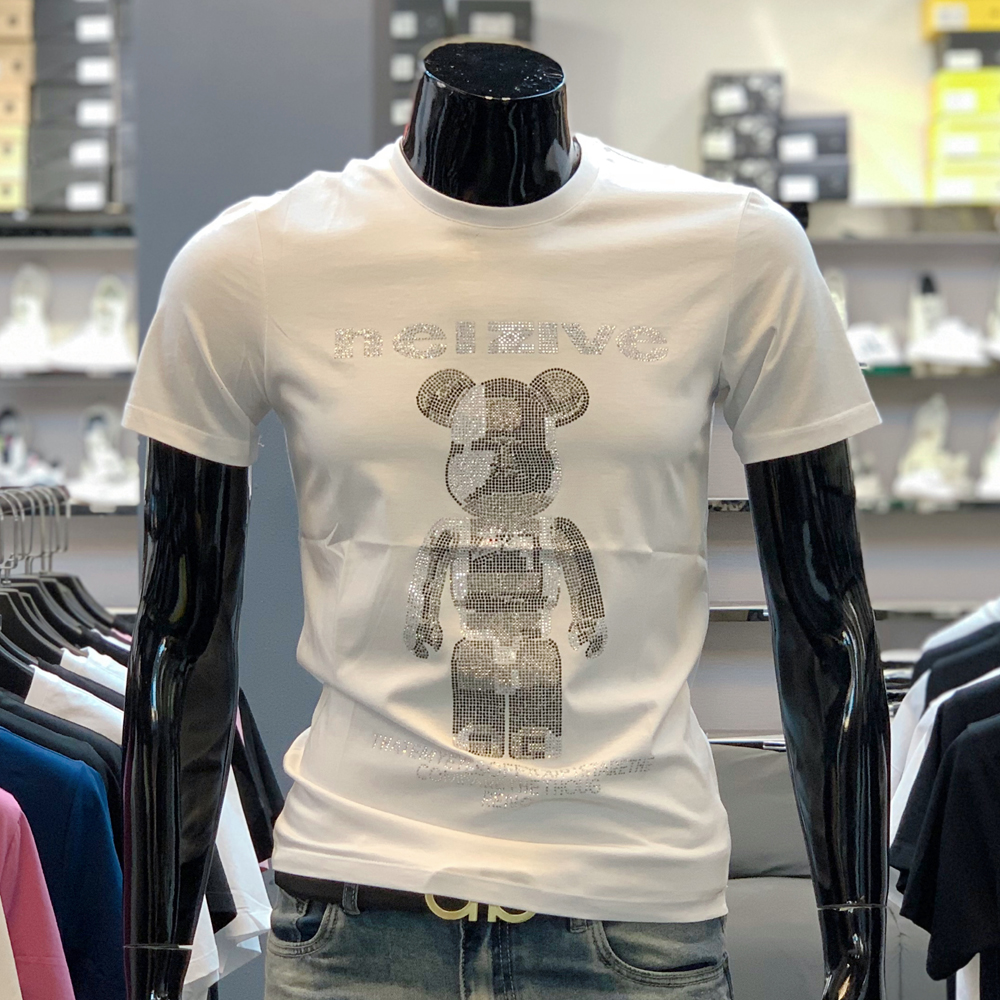 赤爵 夏季欧洲站男丝光棉短袖烫钻小熊短袖潮牌印花修身青年潮T恤