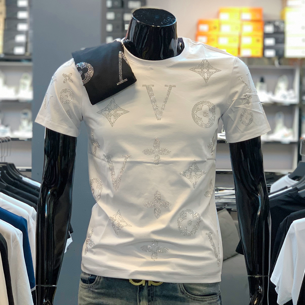 赤爵 欧洲站烫钻男短袖t恤男潮牌男士欧货镶钻莱卡棉半袖修身欧货