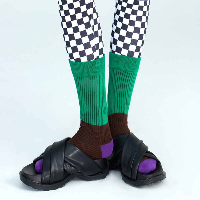 全棉原创条纹竖条纯棉撞色蓝绿ins袜子女裤袜中筒袜