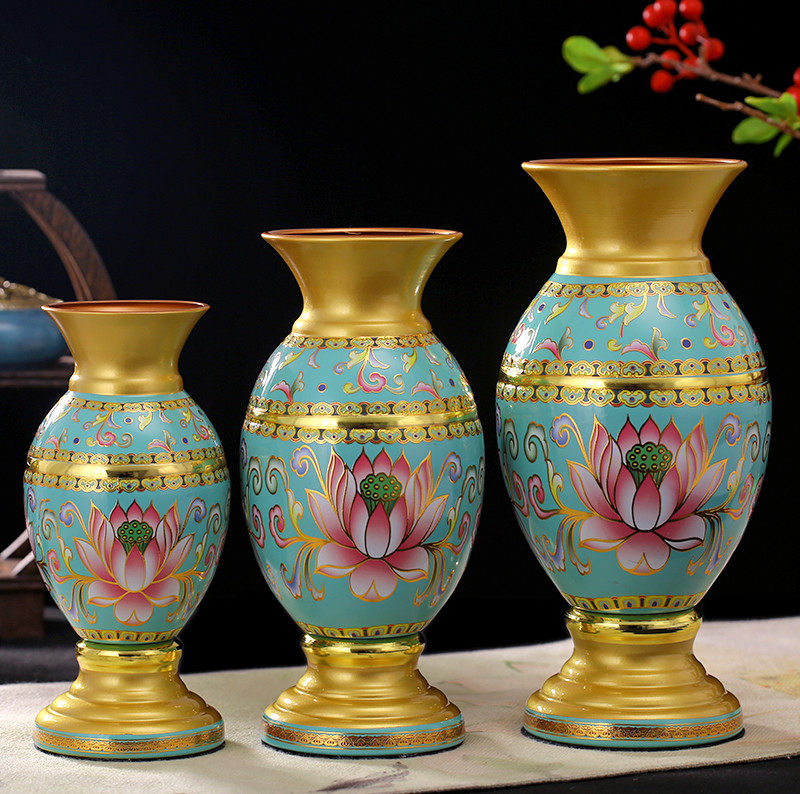 花瓶供佛摆件客厅插花佛堂佛前供奉唐纹彩绘花瓶