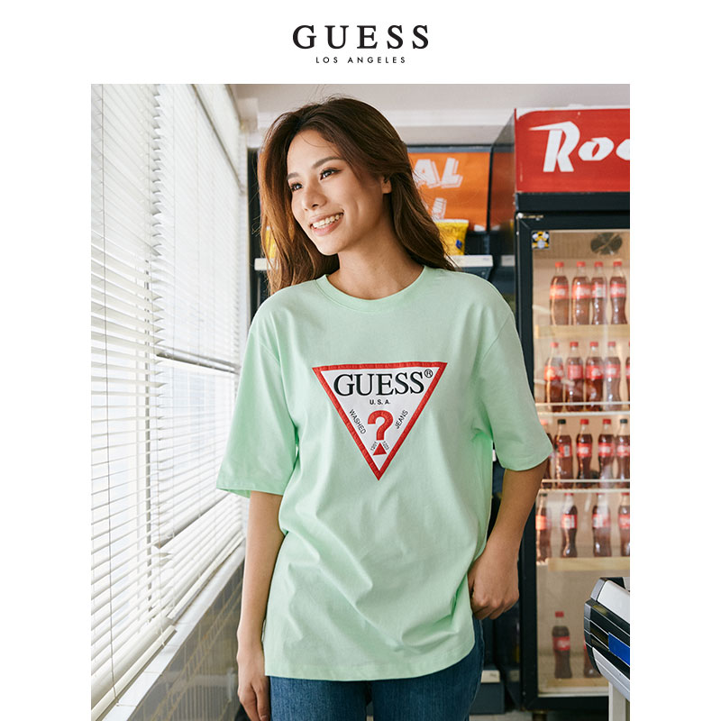 GUESS薄款情侣新款宽松男女三角LOGO棉圆领短袖T恤-MK2K8405K