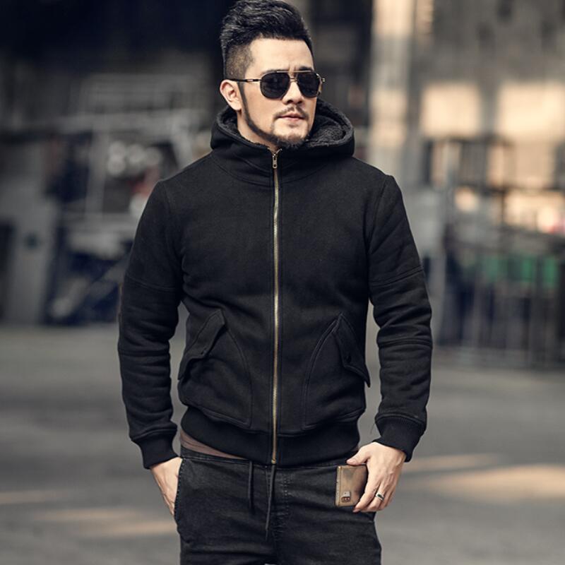 包邮冬装加厚保暖毛绒内里男连帽外套黑色型男加绒卫衣外套F6025