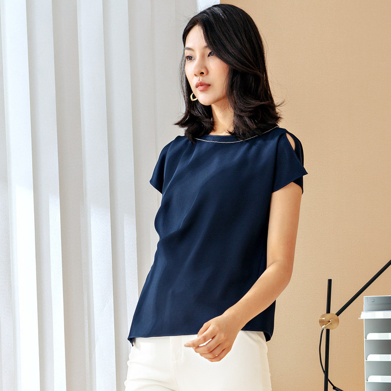 娜尔思女装露肩短袖不规则上衣春夏新款宽松松显t恤