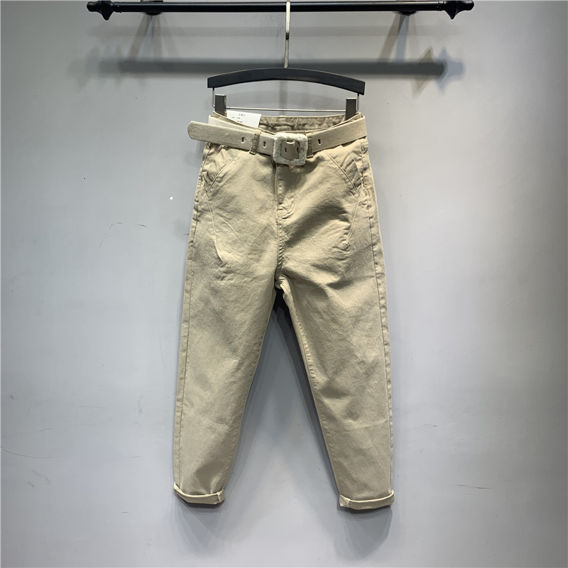 春秋新款卡其色高腰韩版牛仔弹力垮裤哈伦九分BF中性休闲萝卜垮裤