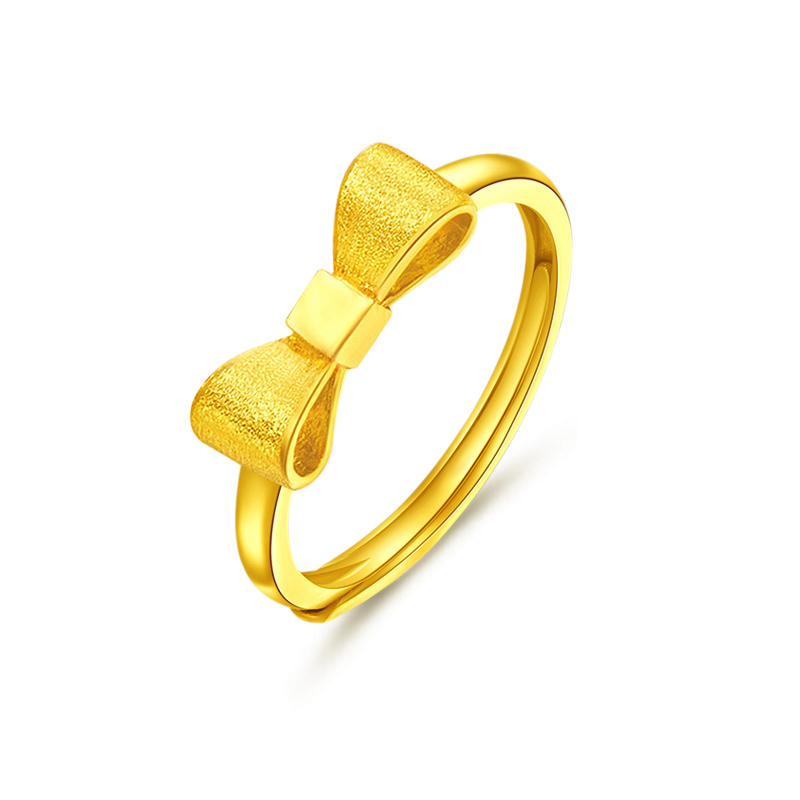 公主蝴蝶结黄金戒指素圈女士纯金足金3d硬金转运手饰