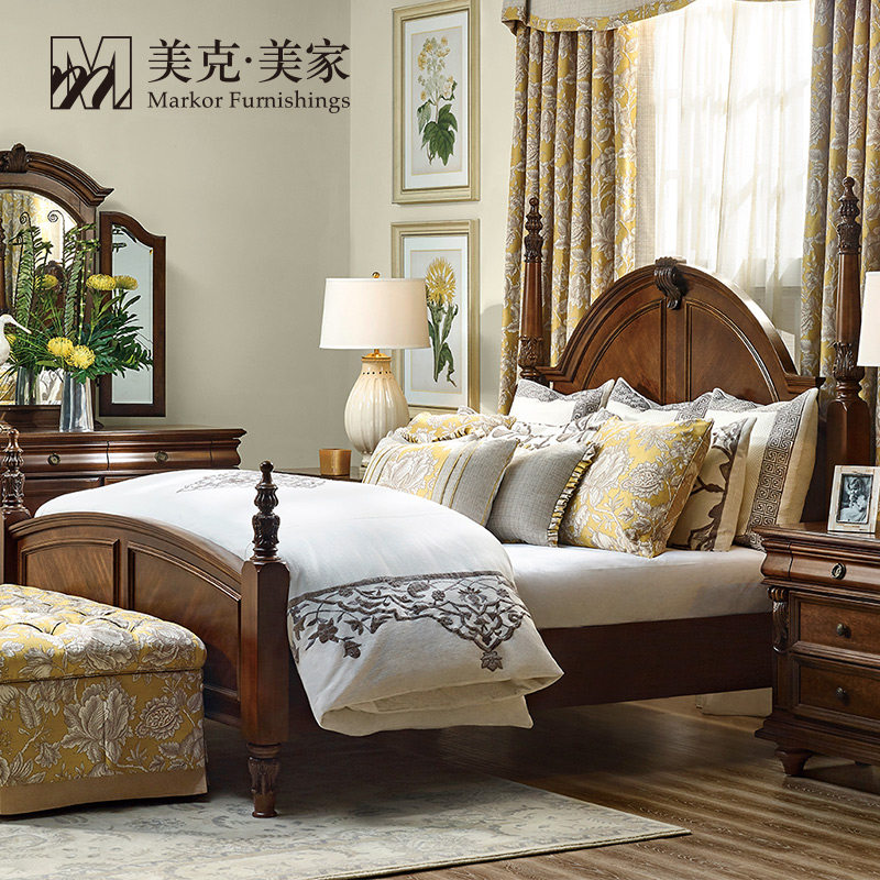 美克美家维多利亚柱式雕花实木卧室双人床床头柜储物实木床