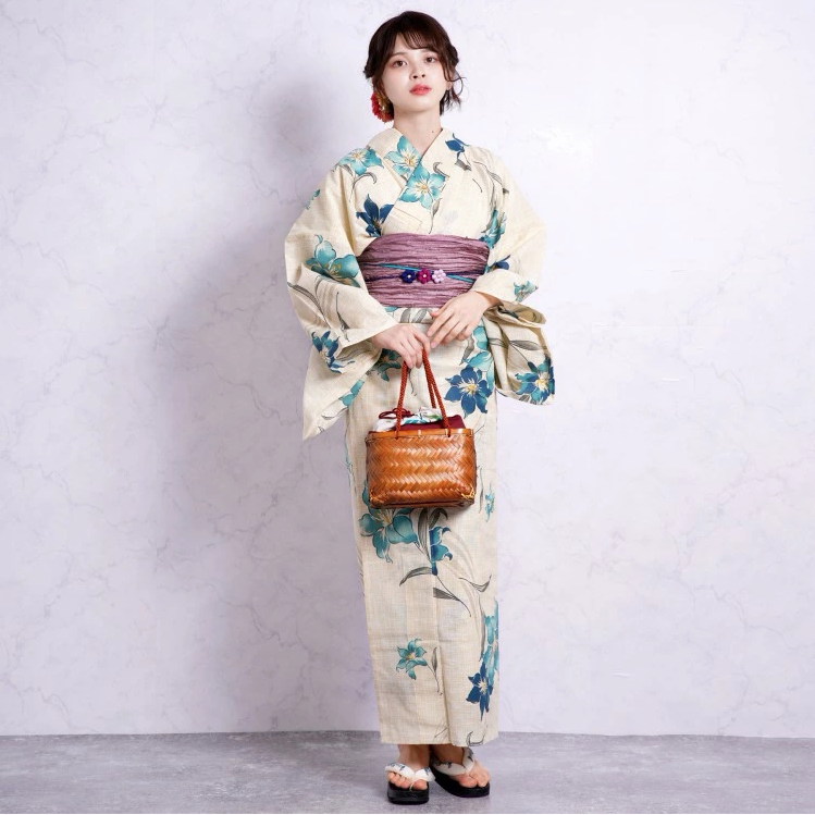 出口日本棉麻和服浴衣单件出售古典花色百合花舞台演出