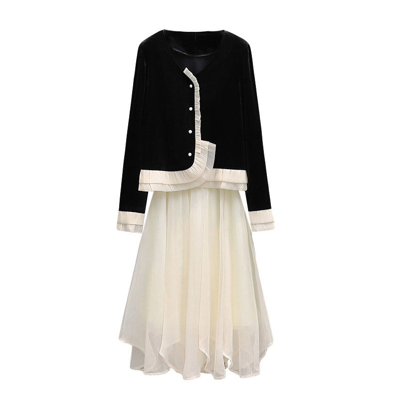 大码高级两件纱裙上衣丝绒法式轻熟新款早春大码女装