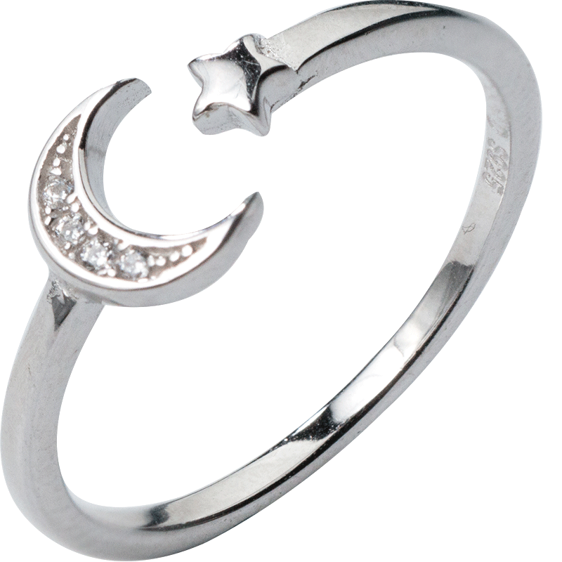 s925银戒指女韩版小清新镶钻月亮气质五角星月牙湾开口食指戒