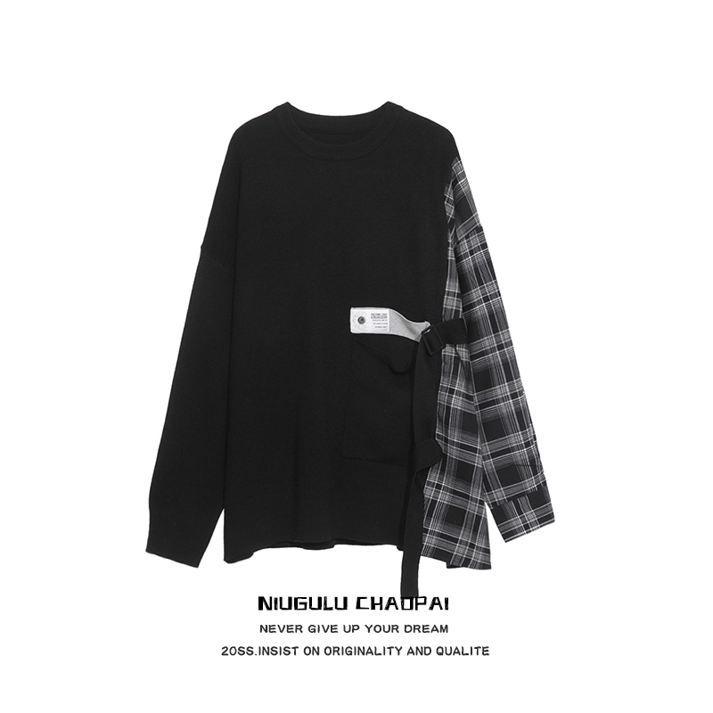 NIUGULU.21SS潮牌街头潮人假两件拼格子圆领毛衣长袖外套男女同款