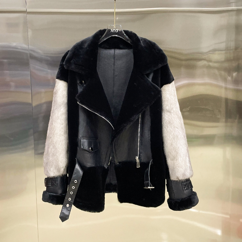 2021冬季新款美利奴羊羔毛皮毛一体拼接水貂毛皮草外套大衣女上衣