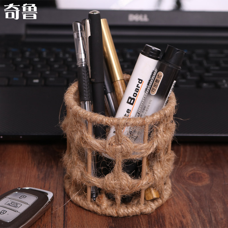 编织田园创意时尚笔筒多功能办公室文具圆形麻绳笔筒