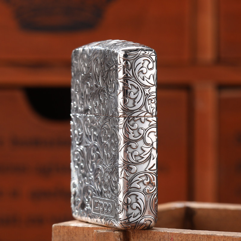 打火机zippo正版纯银唐草盔甲火机男士个性收藏zippo