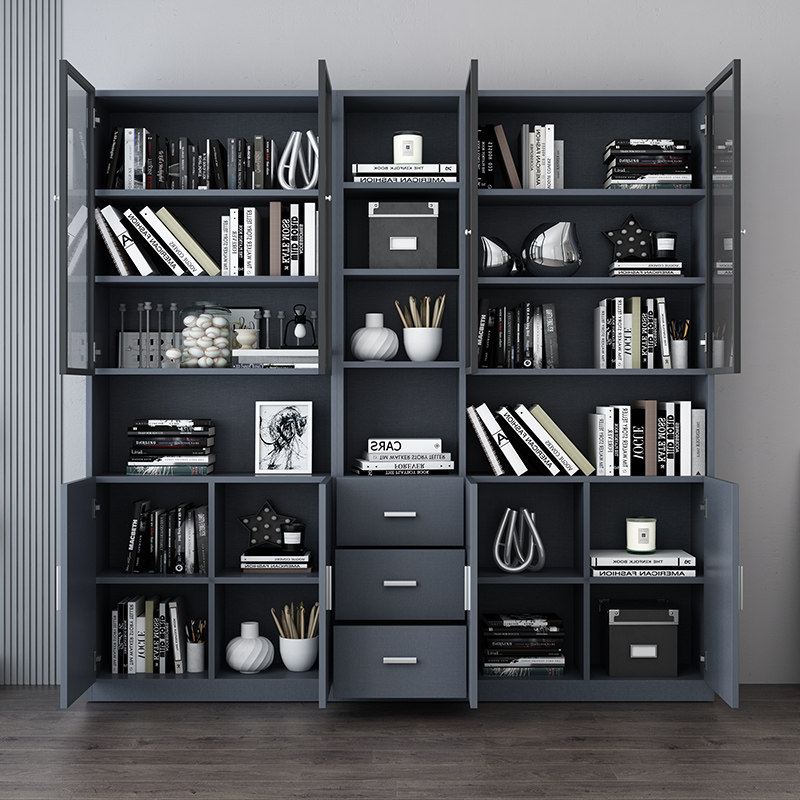 简约现代书柜组装书架组合整面柜子落地玻璃门组合书柜