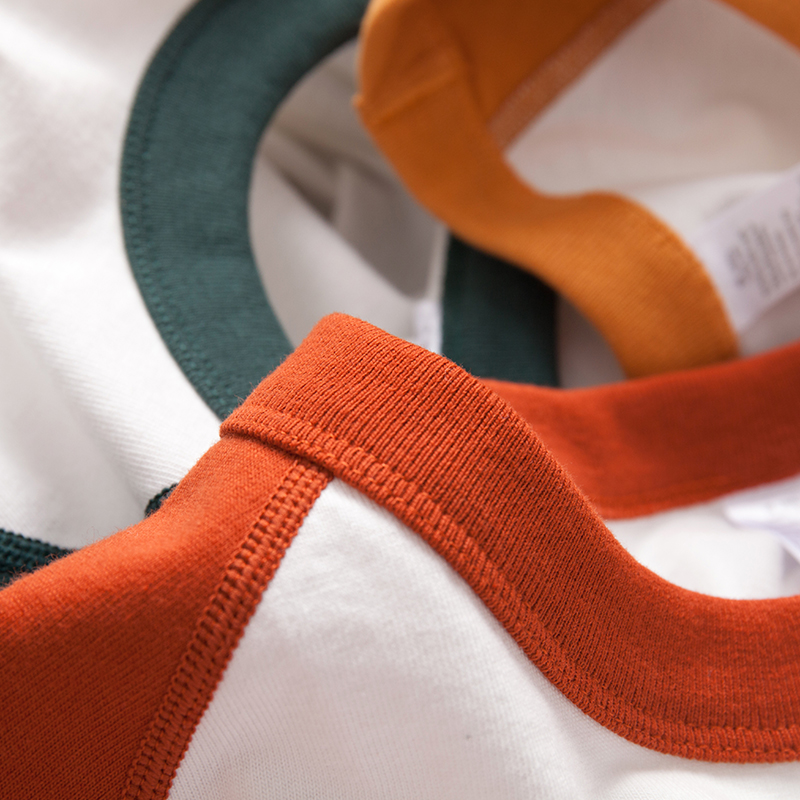 新款彩色插肩袖纯棉圆弧下摆长袖T恤 270g重磅四本针撞色打底衫