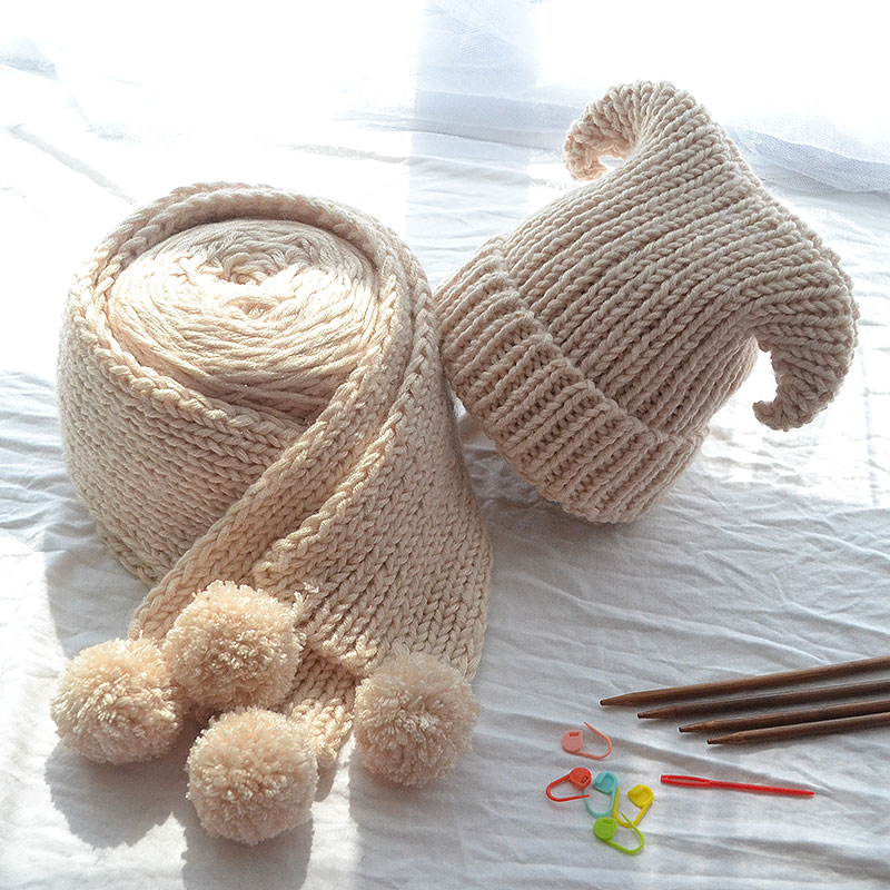材料雪花绒线宝宝羊角包棒针织帽子围巾手工毛线