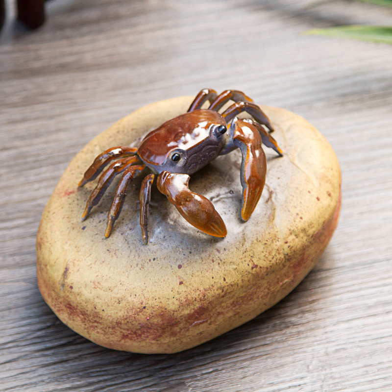 手捏茶宠变色荷叶螃蟹茶桌摆件精品可养宜兴紫砂创意茶玩茶具配件