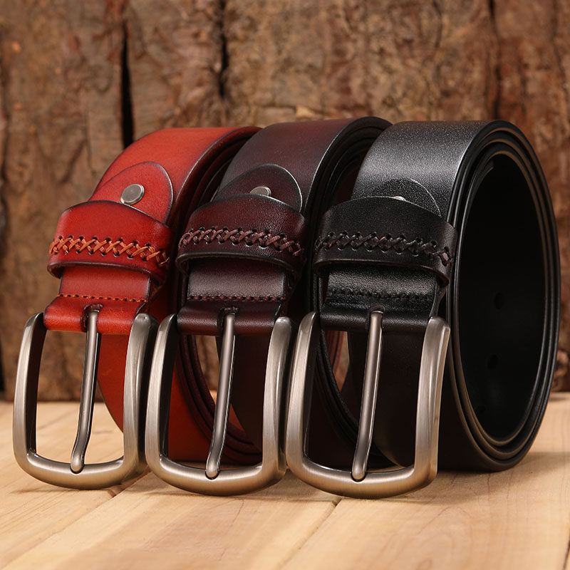 男士真皮牛仔裤带头层牛皮休闲中年商务皮带男青年针扣纯牛皮腰带