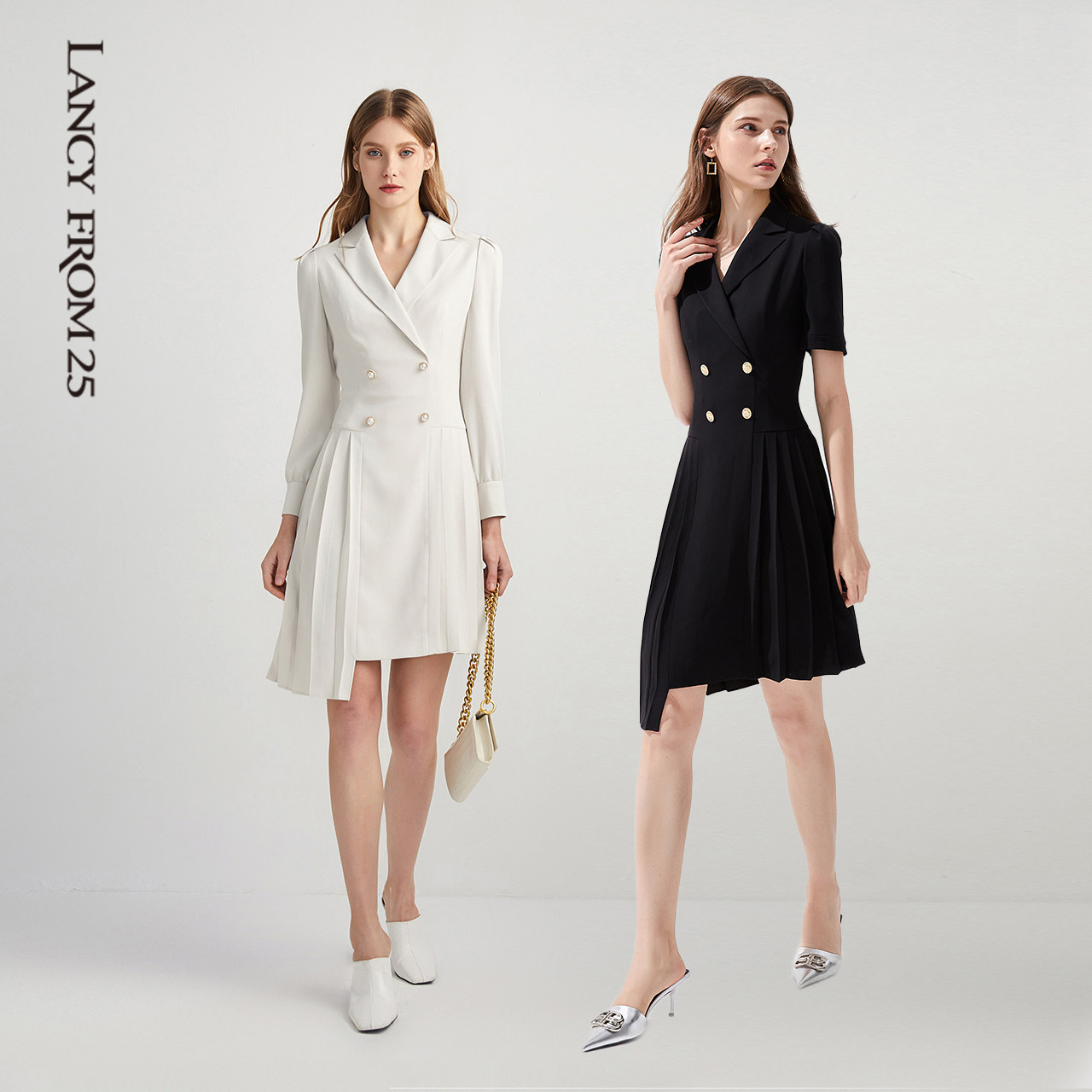 朗姿法式赫本风小白裙春夏新款女装西装连衣裙连衣裙