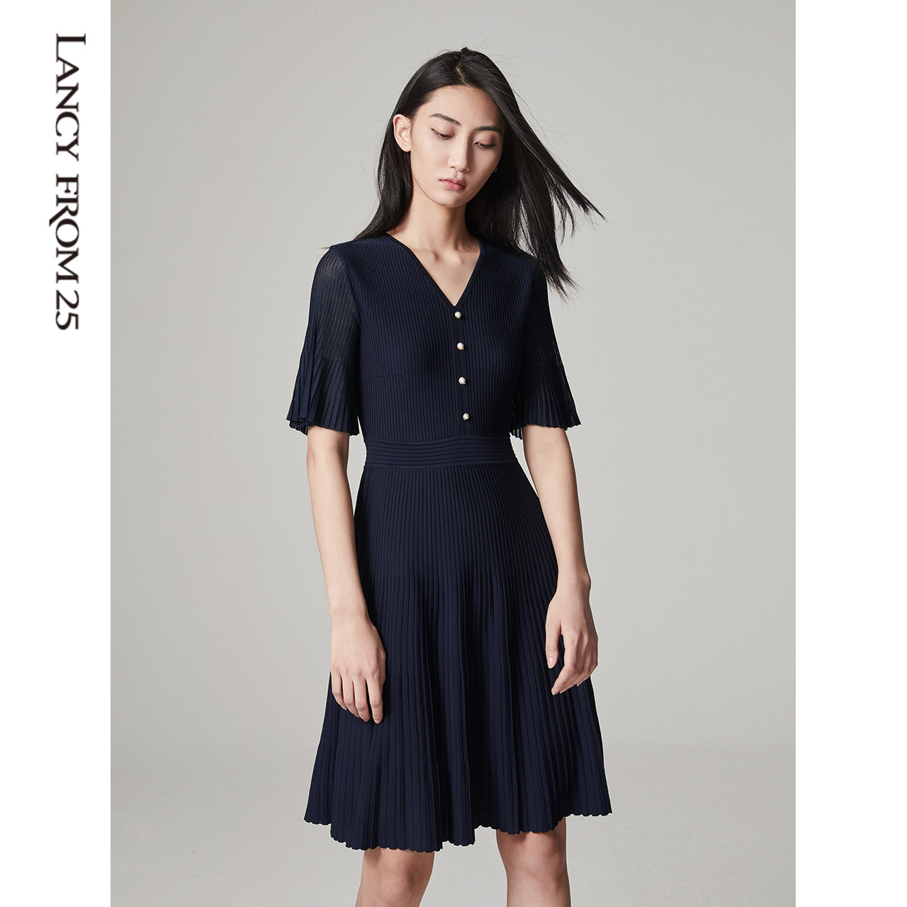 朗姿珍珠连衣裙桔梗针织冰丝女装减龄气质夏季连衣裙