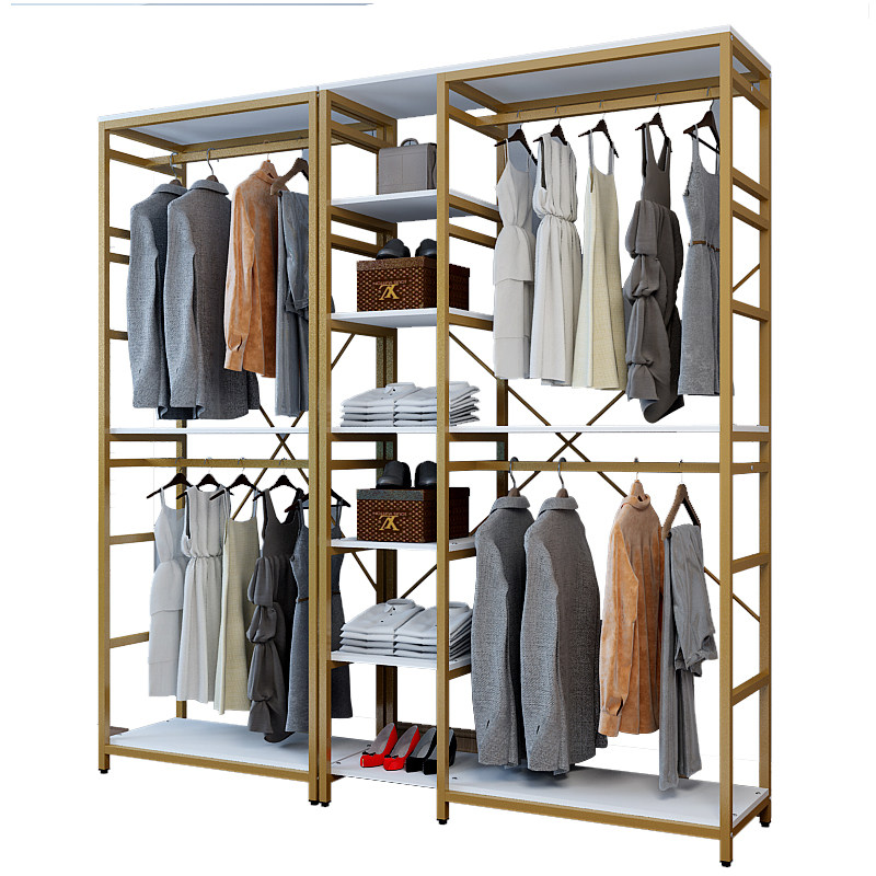加厚钢架金色衣帽间开放式简易衣柜钢木卧室置物架衣帽架